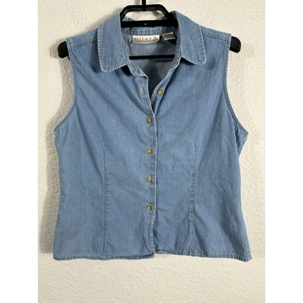 Vintage Y2K Bugle Boy Top Fits Like a Size M Blue Denim Sleeveless Button‎ Up